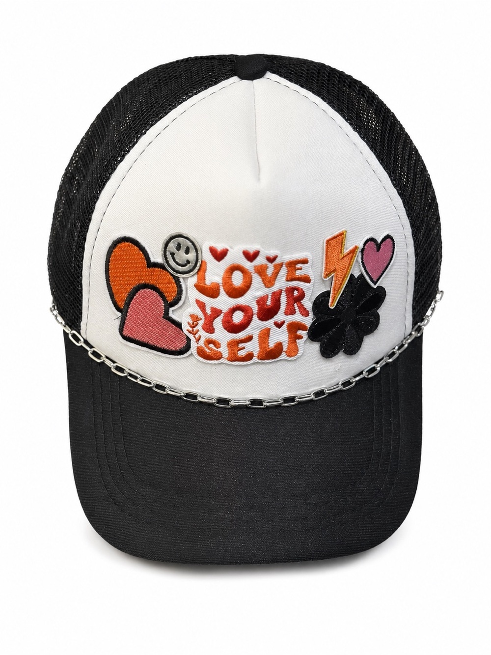 Hand Crafted Black & White Trucker Hat with Colorful Love Your Self Patches